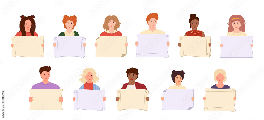 Different nations representatives taking part in parade. Group man, woman student protesters activists. Cartoon set young multiracial people holding banner, empty frame for text. Vector illustration Different nations representatives taking part in parade. Group man, woman student protesters activists. Cartoon set young multiracial people holding banner, empty frame for text. Vector illustration