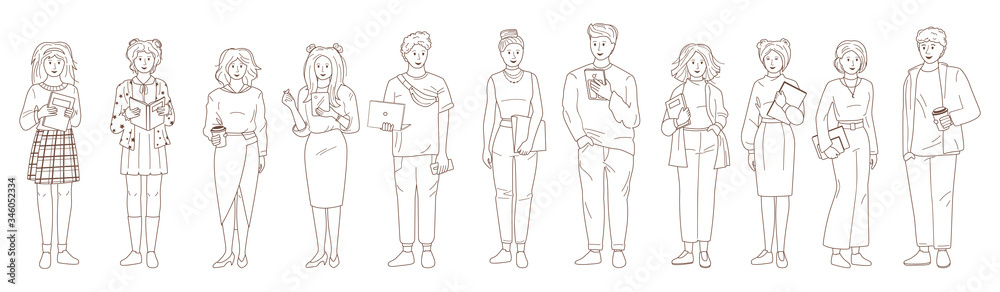 Young people student set. Line black and white. Outline group man womans casual clothes laptop, smartphone. Different nations representatives with gadgets hand. Isolated on white vector illustration
