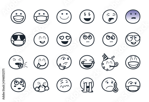 Emojis faces line style icon set vector design