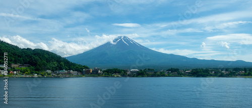 Beautiful Panoramic Landscape View of Mt.Fuji in Japan with mountains and view of the lake during summer