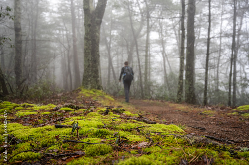 Hiker Heads Along Foggy Ridge Top