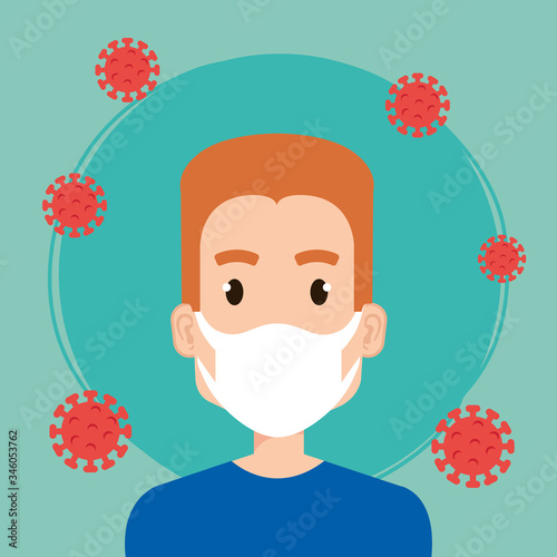 young man using face mask for covid19 pandemic vector illustration design