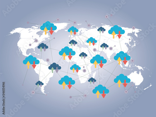 Cloud computing concept, database connection, server database. Drawing of world map, background in vector illustration.Flat design vector.