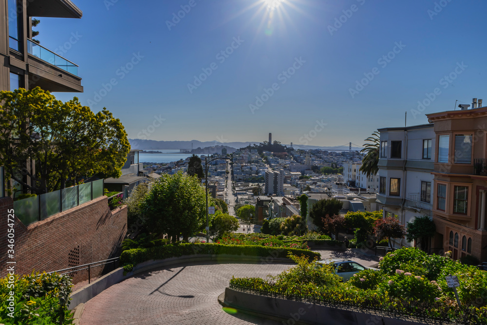 Empty Lombard street in San Francisco, Ca. durning the Covid-19 virus on a sunny day 