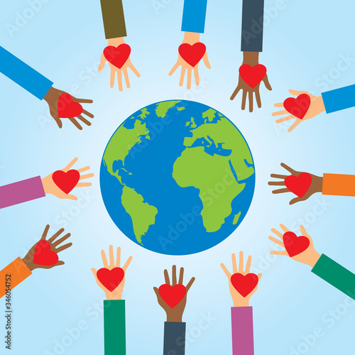 Hands of volunteers. Charity and donation. harity, donation  and volunteer work.Caring, love, and a good hearted community support the poor, the homeless, the disabled, and the elderly.