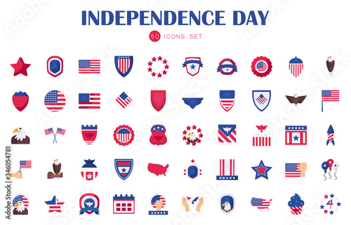 50 Independence day flat style icon set vector design