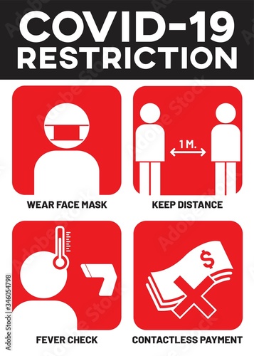 Vector illustration after quarantine for coronavirus outbreak concept. Info-graphic of "COVID-19 RESTRICTION" sinage. COVID-19 safety measures and precautions signs for business re-opening.