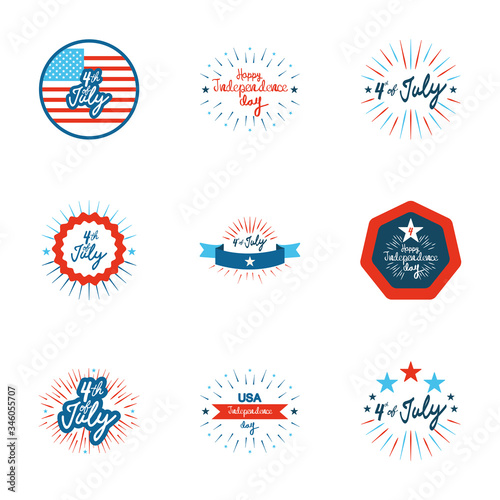 usa flags and 4th of july icon set, flat style