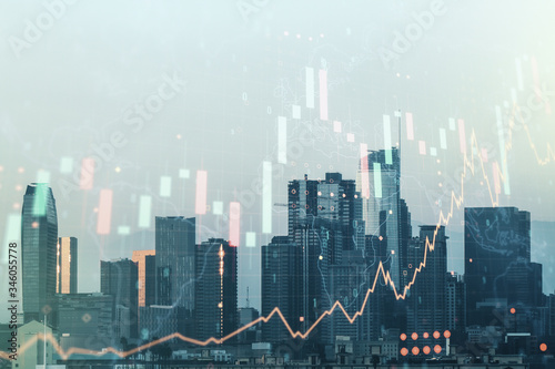 Abstract creative financial graph interface and world map on Los Angeles skyline background, forex and investment concept. Multiexposure