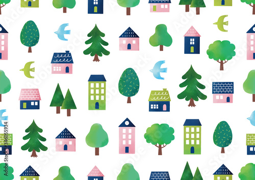 家と木の水彩シームレスパターン