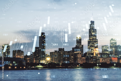 Double exposure of abstract creative statistics data hologram on Chicago office buildings background, analytics and forecasting concept © Pixels Hunter