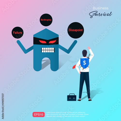 Business survival cartoon concept design. Businessman superhero character fight against fears in business. Power of spirit of change to overcome problems symbol. Vector illustration