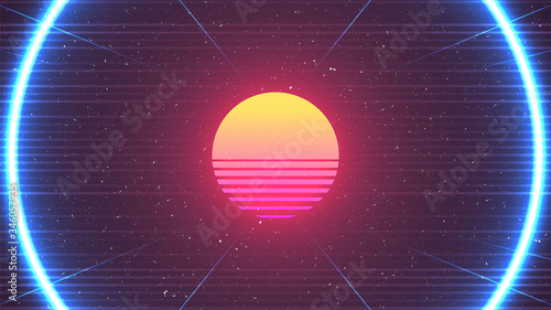 Cyberpunk background. 80s Sun vector illustration. Retro future neon glow. Blue round shape. Horizontal laser lines. Old TV effect. Grain texture. Sci-fi virtual space design. Cyberpunk Sun