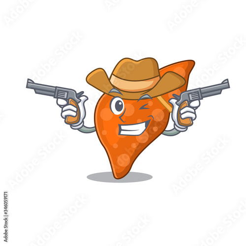 Cute handsome cowboy of human hepatic liver cartoon character with guns