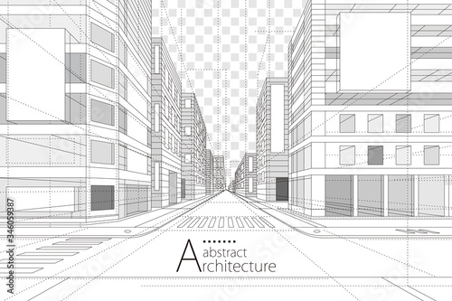 Architecture building construction perspective design,abstract modern urban street building line drawing. photo