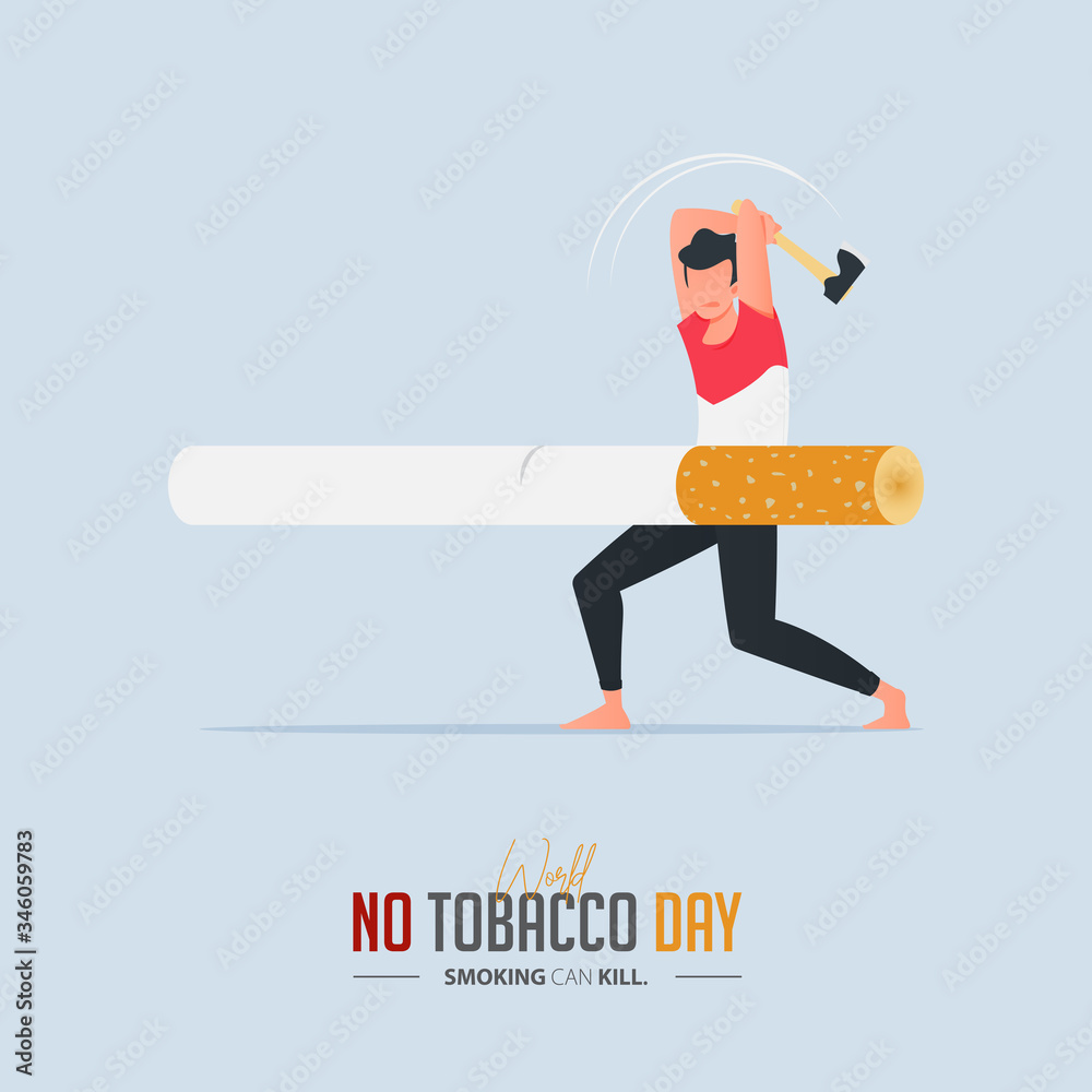 Vettoriale Stock May 31st World No Tobacco Day poster design. A man using  an ax to cut the cigarette defines to a man is fighting to quit smoking. Stop  smoking poster for