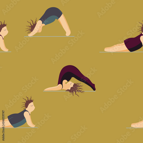 Girls Doing Yoga. Seamless Pattern Woman Pose Yoga
