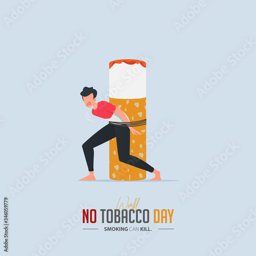 May 31st World No Tobacco Day poster design. A man tied to a cigarette defines to the dangers of smoking.
Stop smoking poster for awareness campaign. No smoking banner. Cartoon Vector Illustration.
