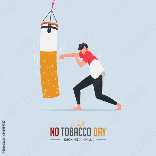 May 31st World No Tobacco Day poster design. A man punching a boxing sandbag defines to a man is fighting to quit smoking. Stop smoking poster for awareness campaign. No smoking banner. Cartoon Vector