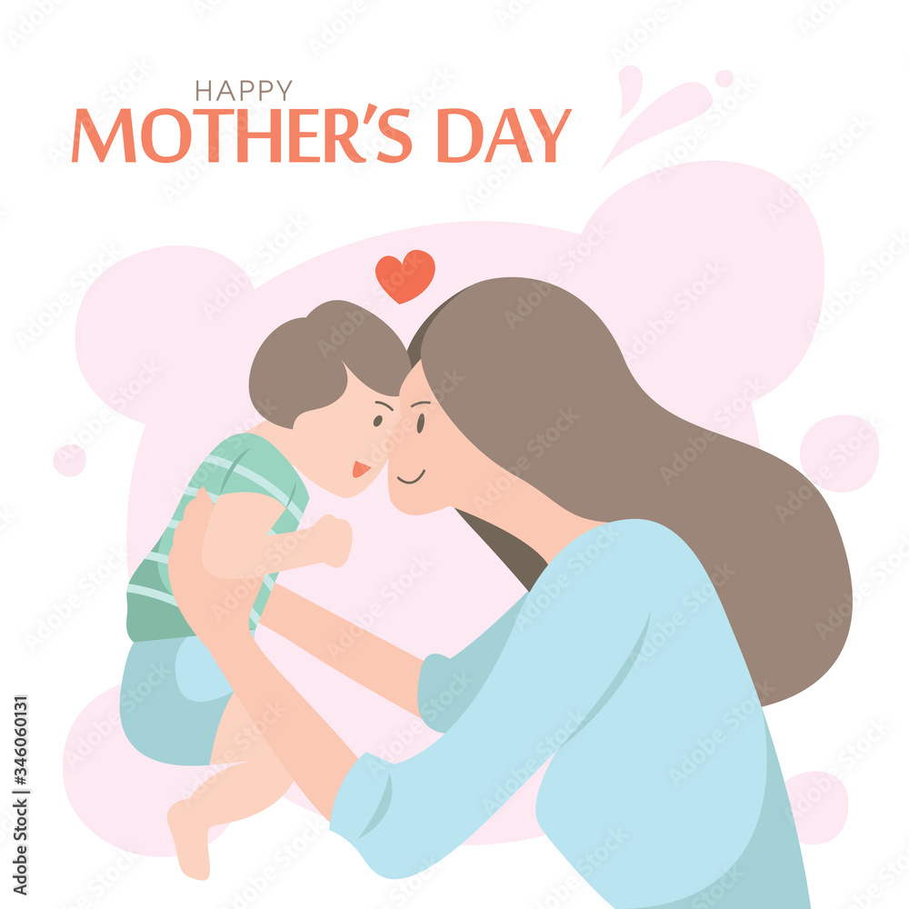 Happy Mother's Day greeting card with lovely mother holding little son / daughter. Flat illustration. Happy Mother's Day greeting card with lovely mother holding little son / daughter. Flat illustration.