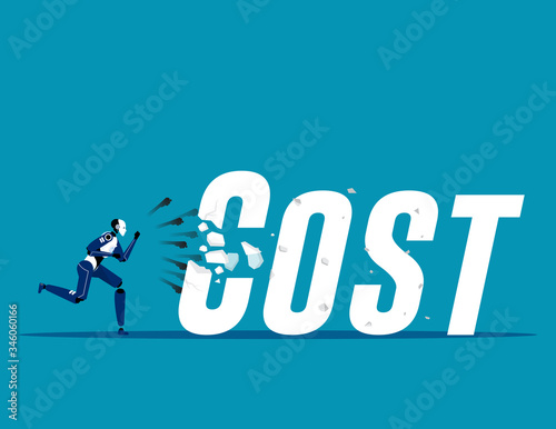 Robot breaking cost with a fist. Reduction concept. Flat cartoon vector illustration style design.