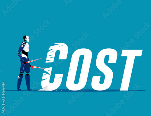Robot cutting cost. Reduction concept. Flat cartoon vector illustration style design.