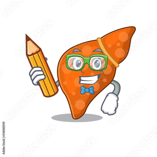 A brainy student human hepatic liver cartoon character with pencil and glasses