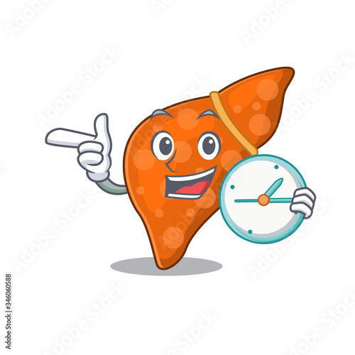 Human hepatic liver mascot design concept smiling with clock