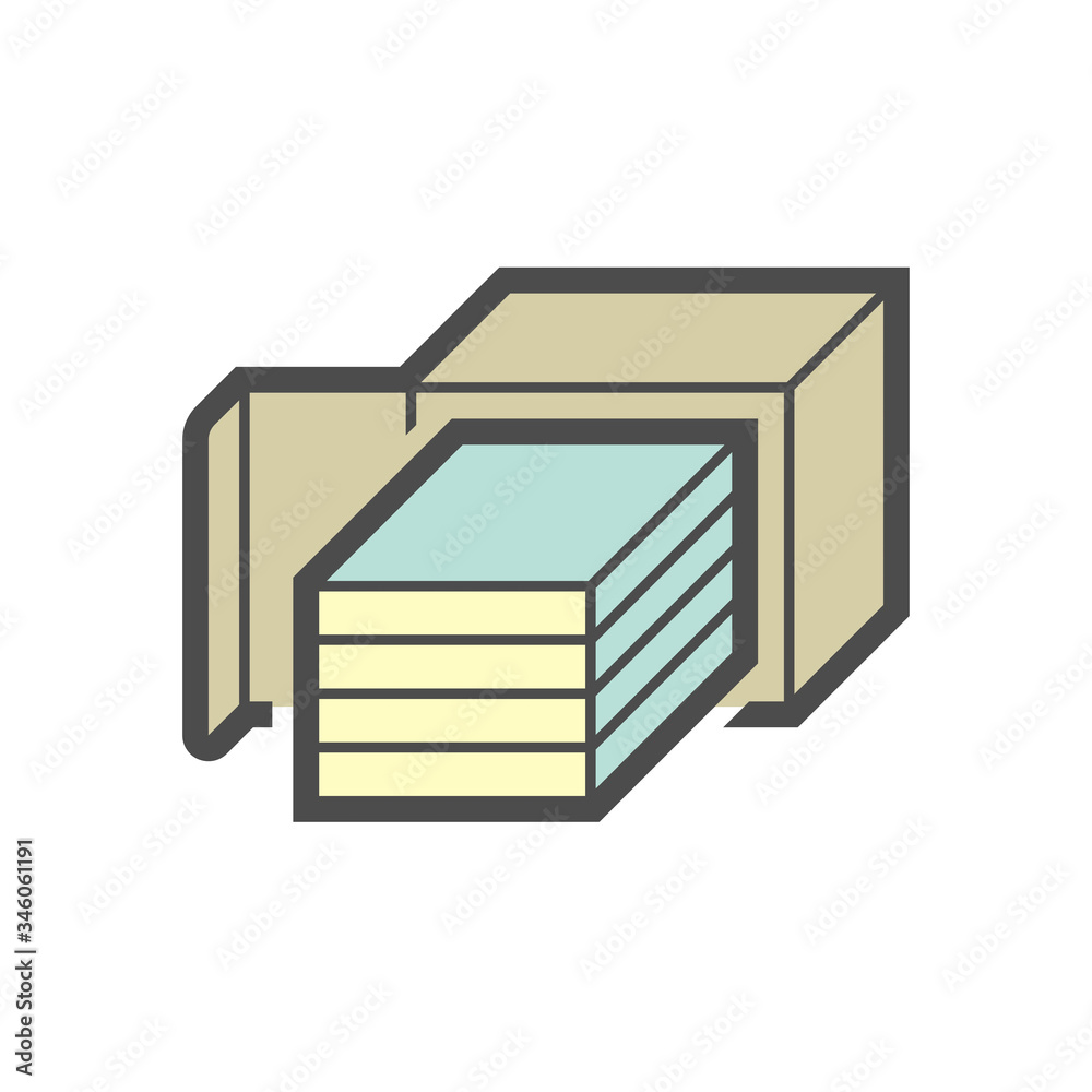 Solid wood flooring product in box package icon. That is floor finishing material made from single piece of wood and natural 100% wood product. Include tongue and groove for joining with other.
