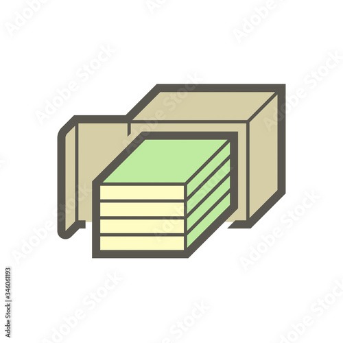 Solid wood flooring product in box package icon. That is floor finishing material made from single piece of wood and natural 100% wood product. Include tongue and groove for joining with other.