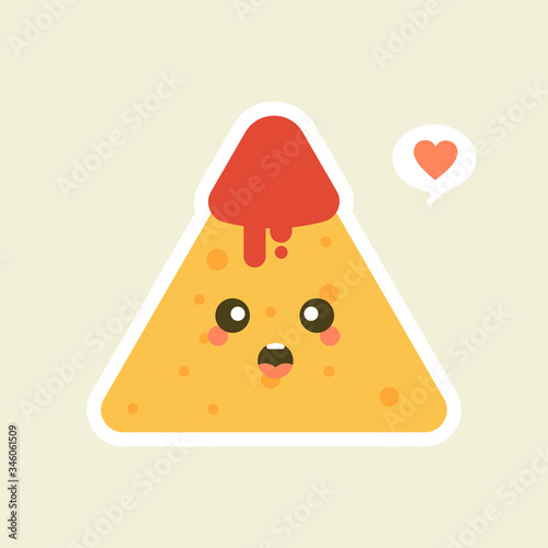 Funny characters Nachos with tomato salsa sauce. Nice mexican food. Vector illustration.Mexican food creative card concept.