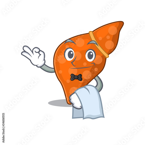 A cartoon character of human hepatic liver waiter working in the restaurant