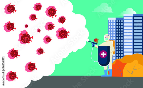 people fight the corona covid-19 virus. fight against the corona virus. protect yourself from viruses with shields and disinfectant sprays. modern flat vector illustration design concepts
