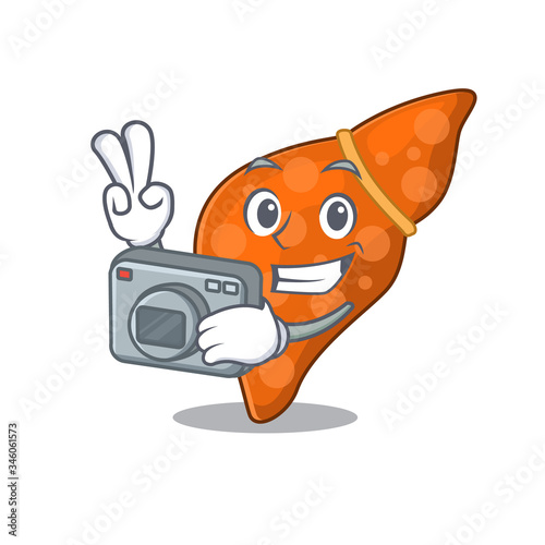 Human hepatic liver mascot design as a professional photographer working with camera