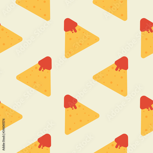 Tasty colorful crispy mexican nachos seamless pattern. Nice spanish fastfood texture for textile, wallpaper, background, cover, banner, bar and cafe menu design