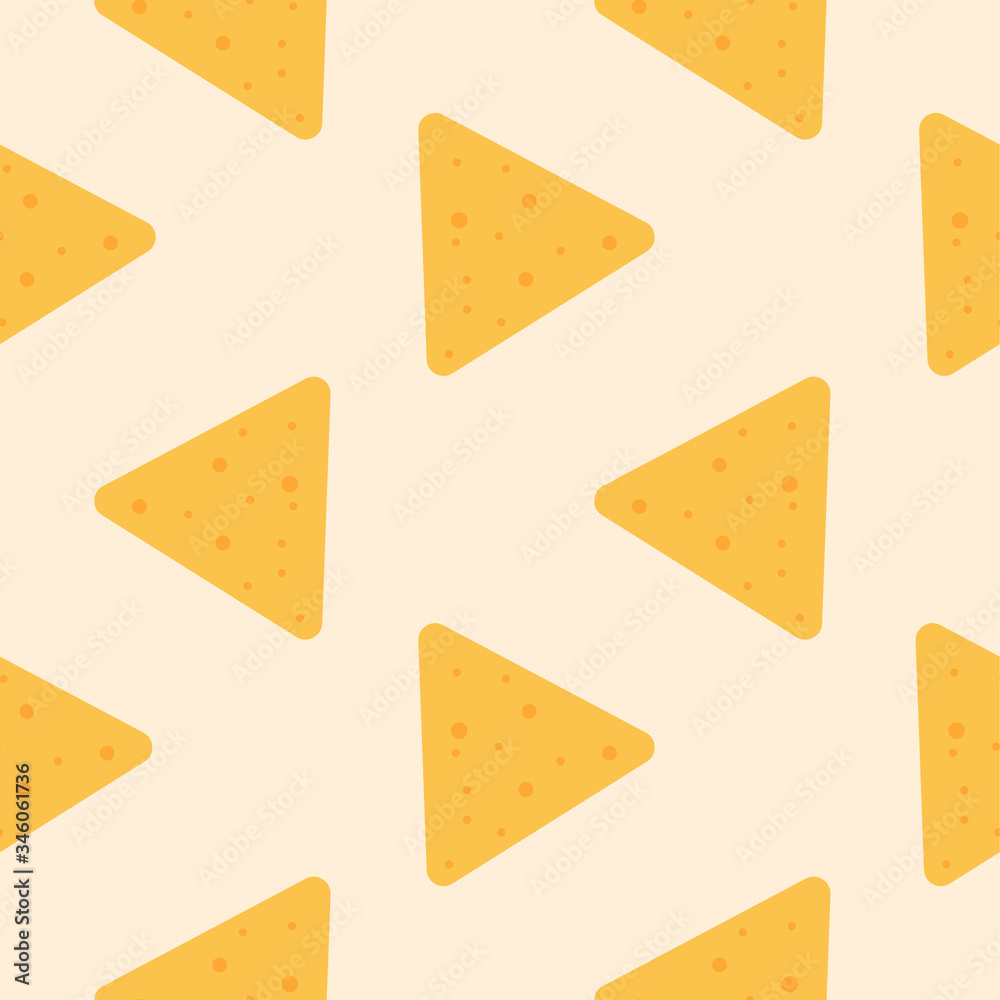 Tasty colorful crispy mexican nachos seamless pattern. Nice spanish fastfood texture for textile, wallpaper, background, cover, banner, bar and cafe menu design Tasty colorful crispy mexican nachos seamless pattern. Nice spanish fastfood texture for textile, wallpaper, background, cover, banner, bar and cafe menu design