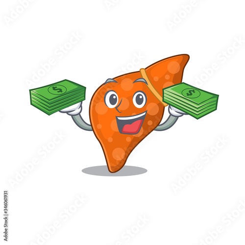 A wealthy human hepatic liver cartoon character having money on hands