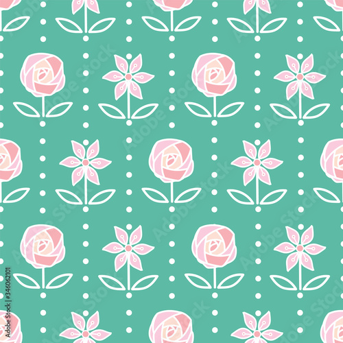 teal pink flower dot seamless print background design
