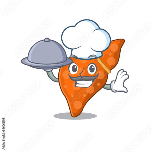 Human hepatic liver chef cartoon character serving food on tray