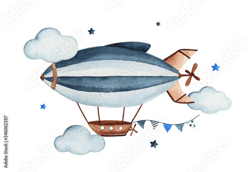 Cute watercolor sky scene with air zeppelin, garland, clouds and stars, watercolor hand drawn illustration