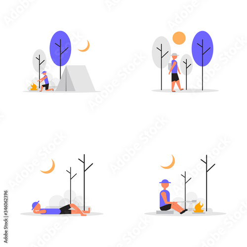 Bundle illustration of a camping holiday. Perfect for covers, brochures, posters, books, banners, leaflets, landing pages, social media content.