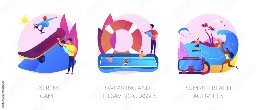 Active hobby and recreation flat icons set. Summer leisure. Extreme camp, swimming and lifesaving classes, summer beach activities metaphors. Vector isolated concept metaphor illustrations.