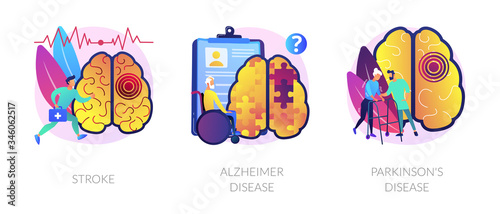 Neurological disorders abstract concept vector illustration set. Stroke, Alzheimer disease, Parkinsons disease. Nervous system and brain issue, symptoms and immune response, trauma abstract metaphor.