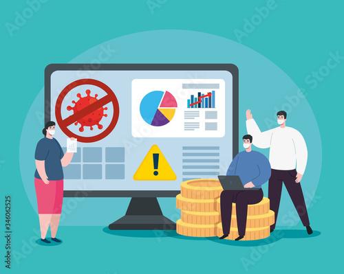 people with infographic of financial recovery in computer vector illustration design