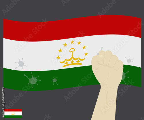 Fist power hand with novel coronavirus or COVID-19 virus stained on the Tajikistan National Flag, Fight for Tajik people concept, sign symbol background, vector illustration.