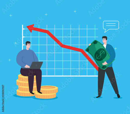 men with infographic of financial recovery vector illustration design