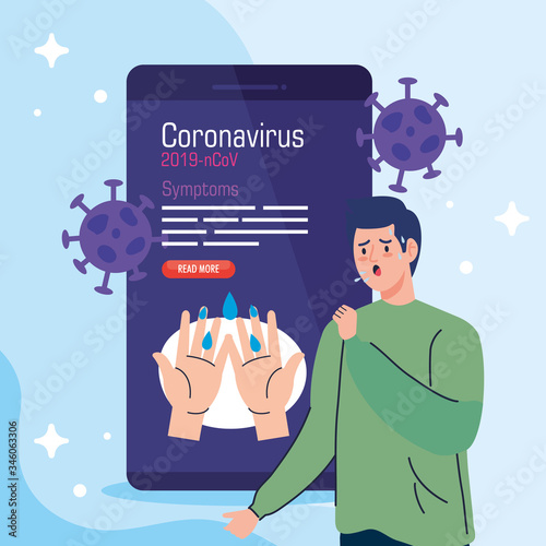 man sick in smartphone with covid19 particles vector illustration design