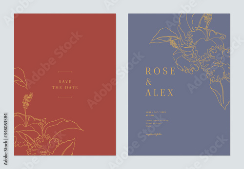 Minimalist wedding invitation card template design, hibiscus flowers line art ink drawing in yellow on red and blue