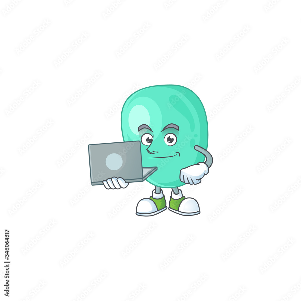 Diligent staphylococcus aureus mascot design style working from home with laptop Diligent staphylococcus aureus mascot design style working from home with laptop