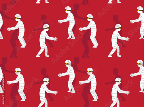 Mummy Side Walking Halloween Character Vector Seamless Background Wallpaper-01